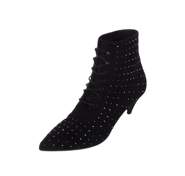 Saint Laurent Cat 50 Black Suede Crystal Embellished Lace-Up Boots