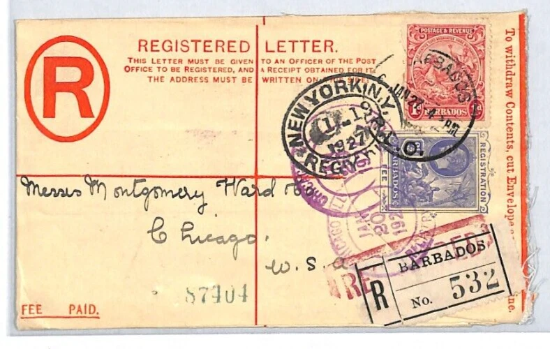BARBADOS 1d Cover KGV 2½d Registered Stationery *GOLD* Notice 1927 Chicago XC122 - Изображение 2 из 4