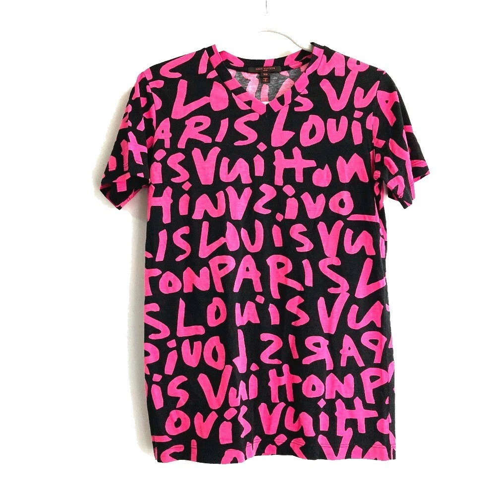 LOUIS VUITTON Graffiti V neck apparel Short sleeve T-shirt cotton Black x  pink