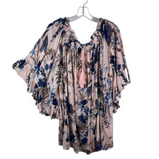 Umgee Floral Bell Flounce Sleeve Mini Shift Dress Ruffle Tassel Tie Neck Boho L