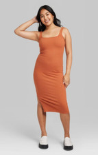 Women's Rust Orange Ribbed Square Neck Midi Bodycon Dress Wild Fable XXS NEW