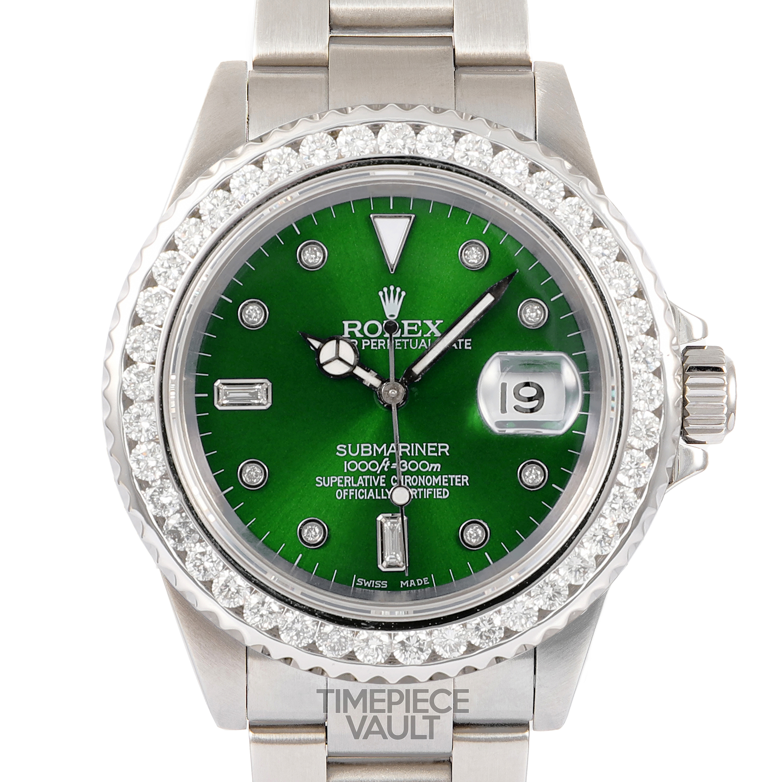 Rolex Submariner 16610 Men's 40mm Steel Watch with Green Diamond Dial and 3CT Diamond Bezel