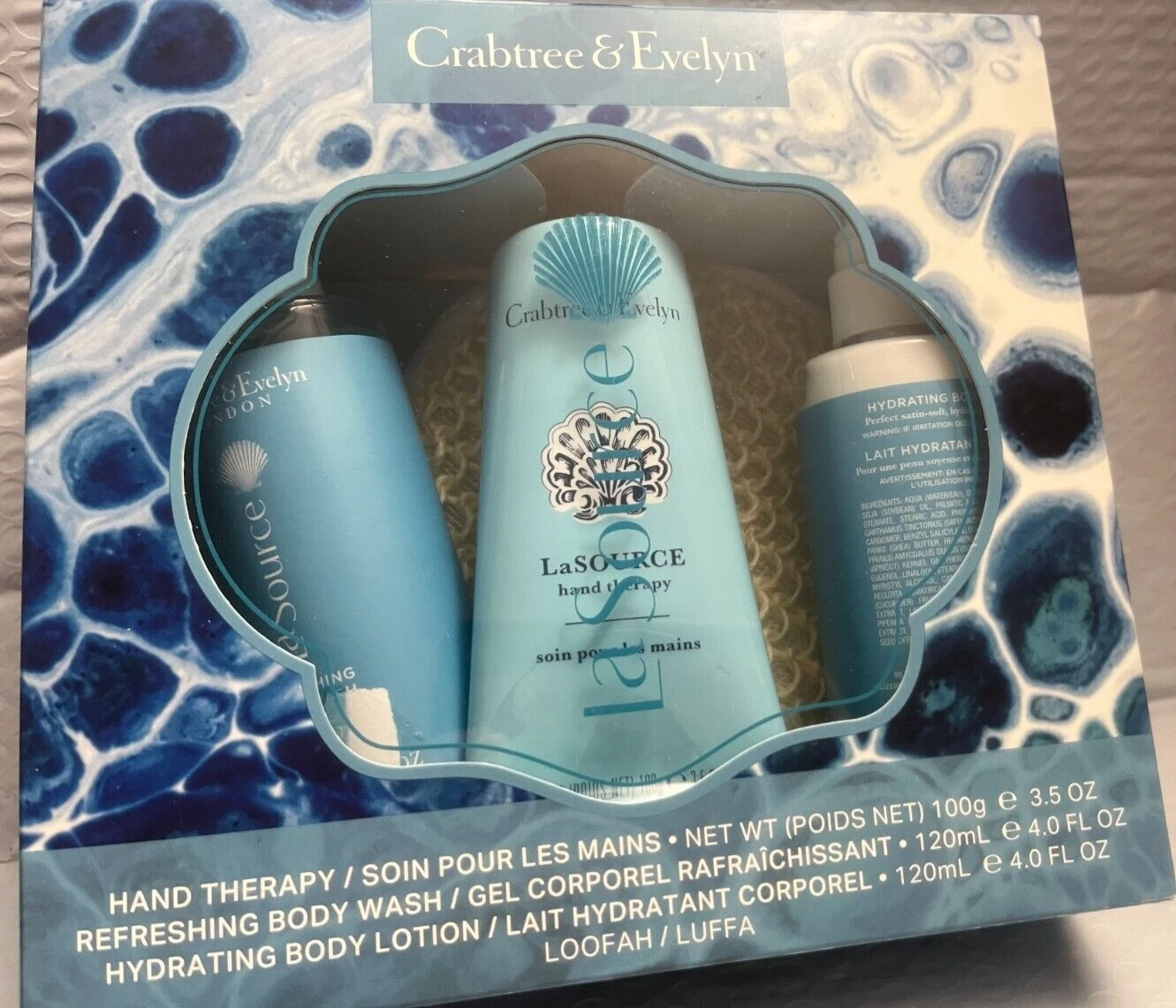 CRABTREE & EVELYN LA SOURCE 4,PIECES HAND THERAPY,BODY LOTION,BODY WASH,LOOFAH