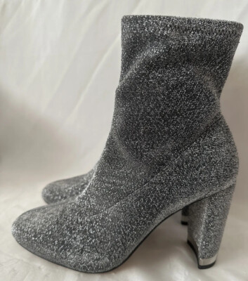 Michael Kora Mandy Glitter Stretch-Knit Ankle Boots Silver Size