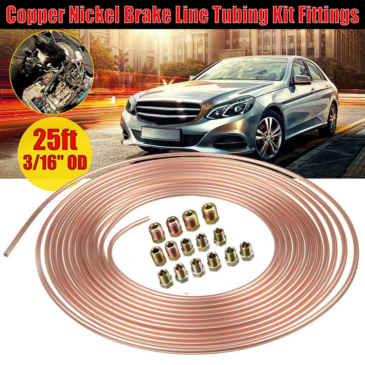 Copper Nickel Fuel/Brake Pipe Hose Line 25′ Diameter 3/16"" W/Fitting Kit 1 Roll
