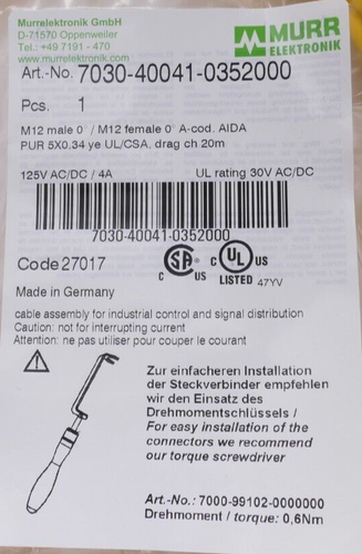 Murr Elektronik M12 cable de conexión código A AIDA 20m | 7030-40041-0352000 - Imagen 2 de 2
