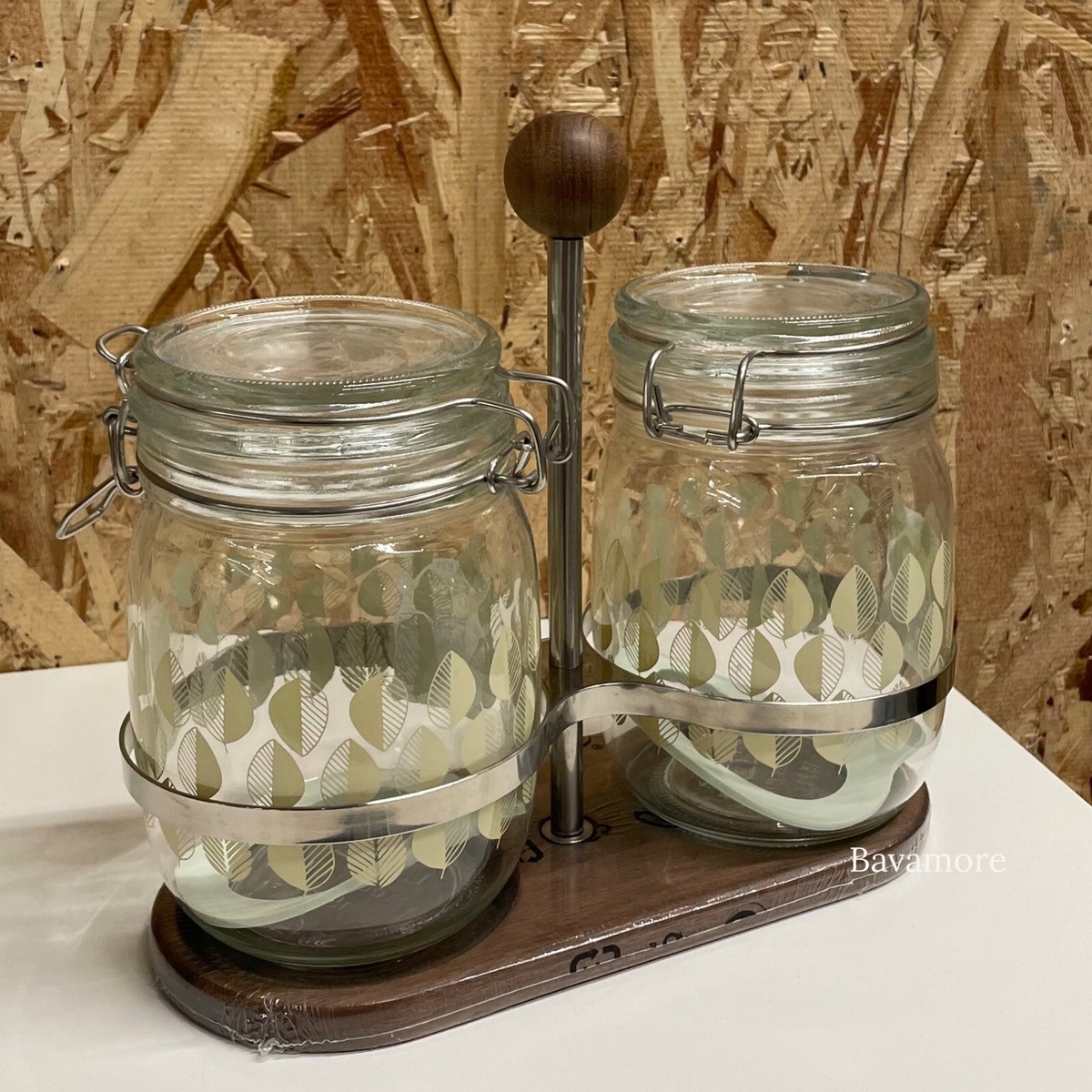 IKEA Holder walnut/stainless steel with 2 jars with lid, patterned