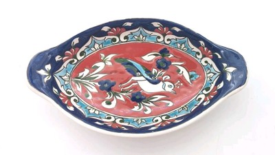 Dorin Sandrouni Oval Pottery Dish Handpainted Bird Red Blue 9'' L x 5'' Jerusalem