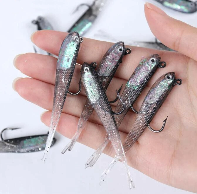 Pesce in gomma con ganci in set da 6 pezzi per luccio e pesce persico, esche artificiali con Jig Head, esche da pesca per pesci predatori d'acqua dolce, esche da traino per luccio e lucioperca, esche