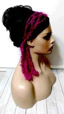 crochet womans handmade boho gypsy headband hair scarf tie wrap hot pink