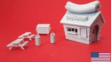 N Scale 1/160 Hot Dog Hut, 2 Picnic tables, 2 Garbage cans, 1 Dumpster, 3D resin
