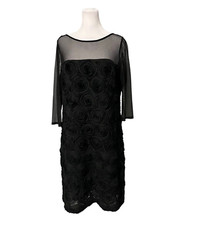 Adrianna Papell Black Sheer Mesh Rosette Sheath Dress Size 12
