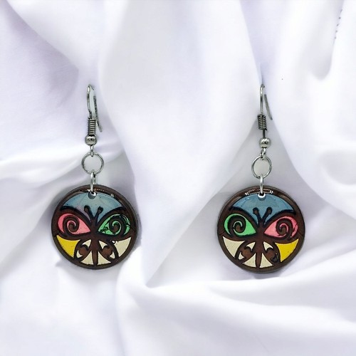 Butterfly Earrings Stained Glass Style Resin Wood Bohemian Colorful Dangle Drop