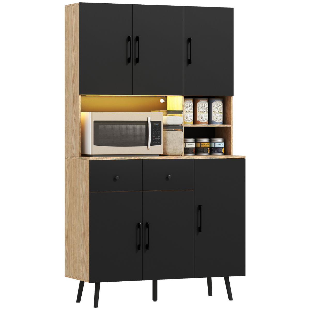 HOMCOM Kitchen Cupboard with LED Lighting - Black and Oak - 6 Doors - Image 2