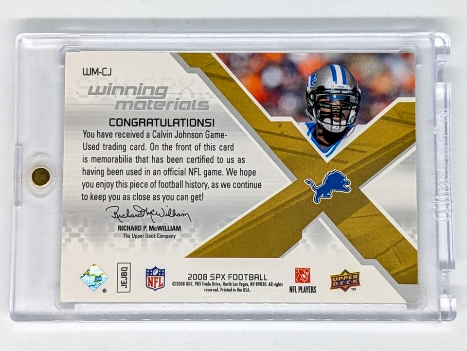 2008 SPx Winning Materials SPX Dual Patch #WMCJ Calvin Johnson /25 Lions GW HOF - Image 2 of 2