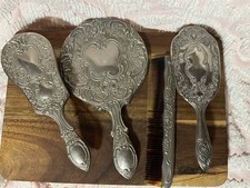 Silver Plated Victorian Vanity/Dresser 3 PC Set Floral Pattern Brush Comb Mirror