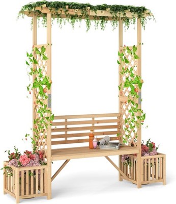 Wooden Garden Arbor Bench with 2 Planter Boxes
