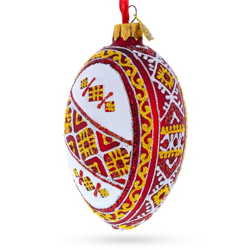 Red Stripe Ukrainian Pysanka Glass Egg Ornament 4 Inches - Picture 2 of 6