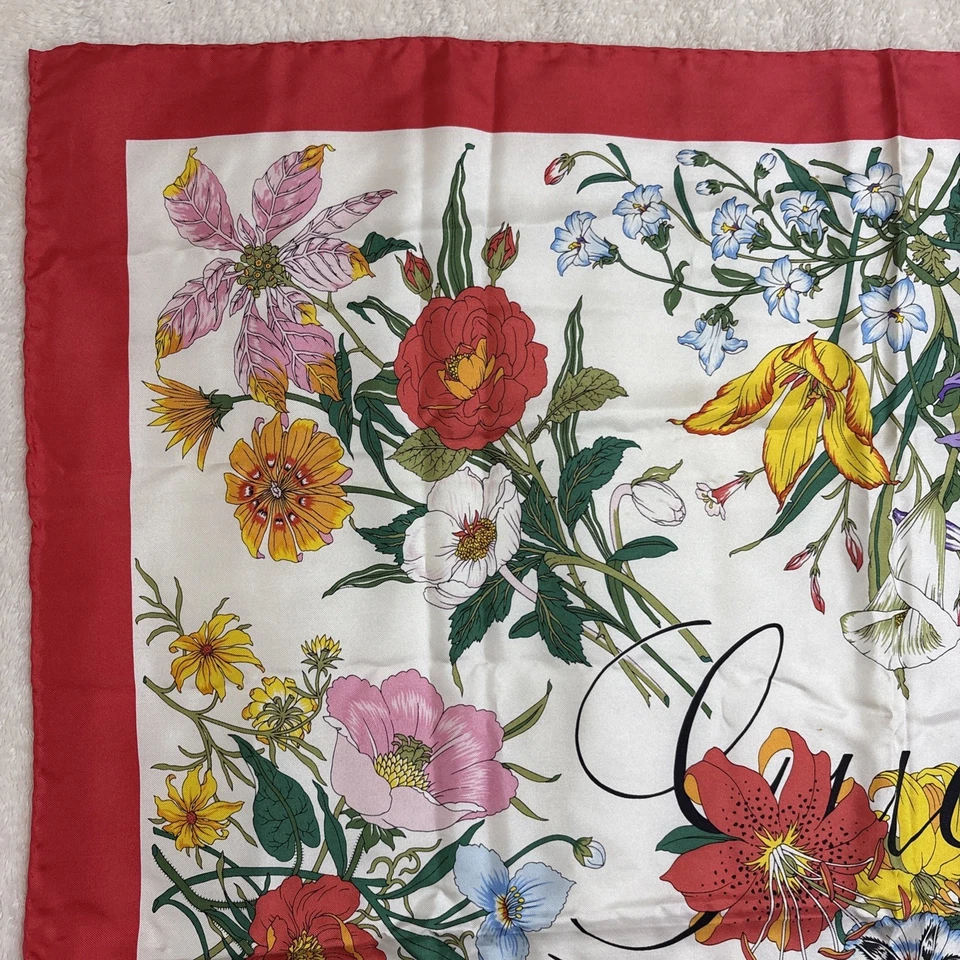 GUCCI Flora Silk Scarf 33in Floral Motif Red Border Flowers Pattern Italy - Image 3 of 4