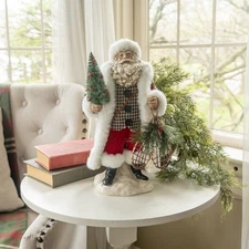 Ragon House Plaid Santa Figurine w/snowshoes & Sisal Tree, 14.25" T NWT
