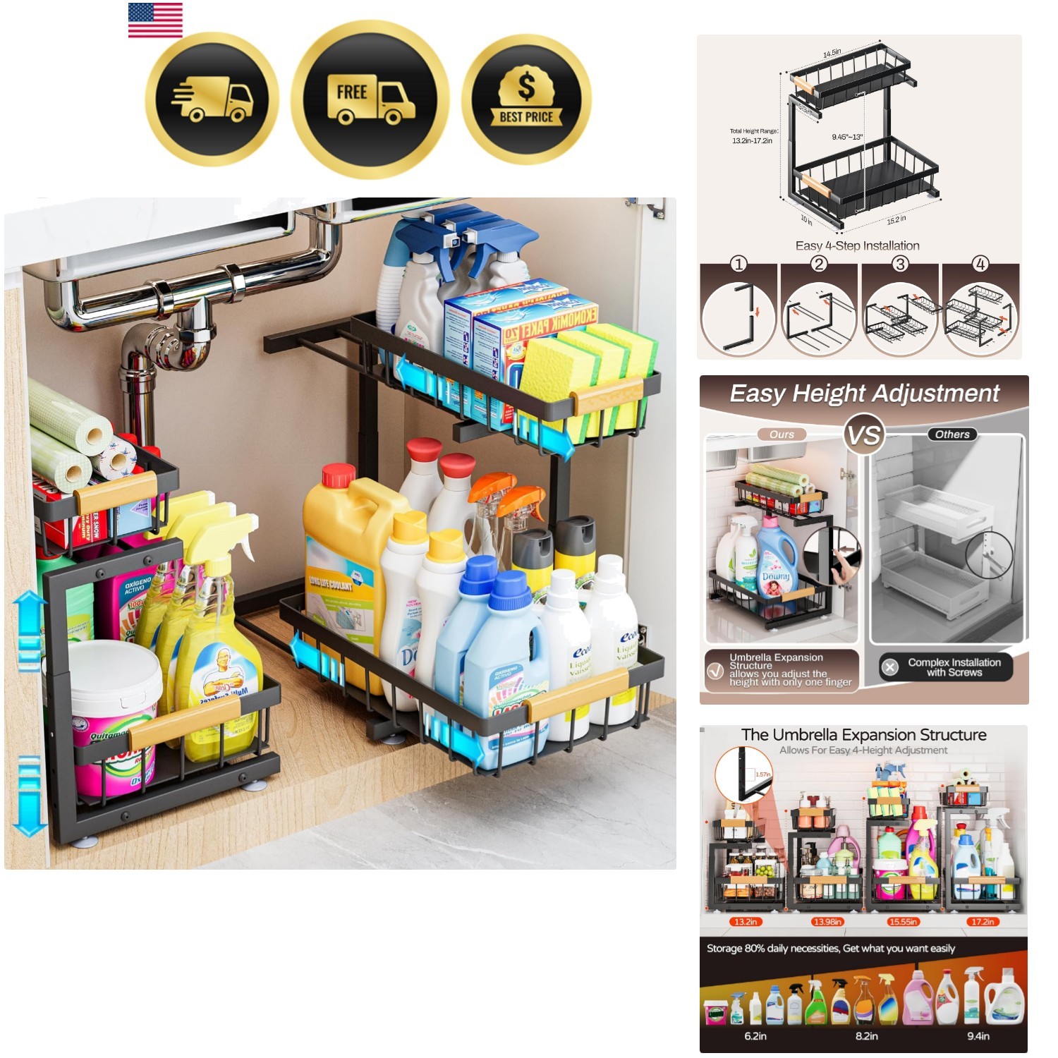 Under Sink Organizer 2 Pack Expandable Shelf Kitchen Bathroom Storage Drawers