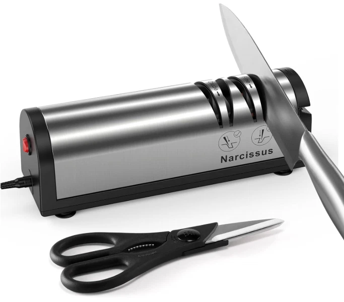 Electric 2-Stage Knife Sharpener, Quick Sharpen & Polish, Scissor Slot, Silver