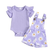 Newborn Baby Girl Summer Clothes Ribbed Ruffle Short Sleeve Romper Daisy Susp...