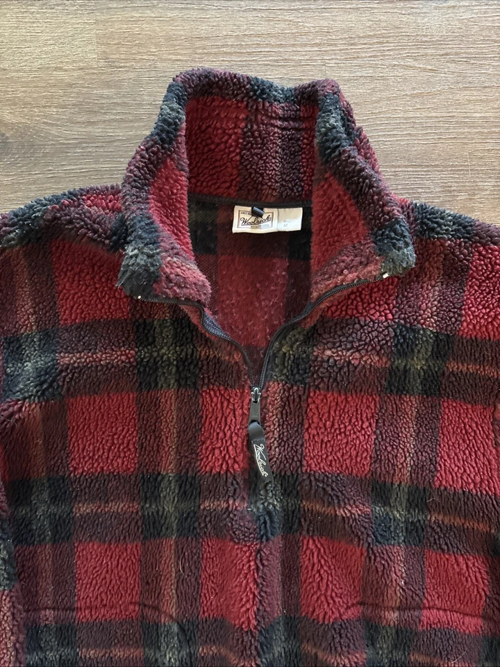 Pullover polar vintage Woolrich para hombre talla mediana 1/4 cremallera rojo a cuadros Foto 2 de 4