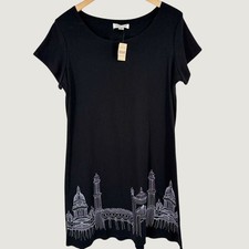 NEW Coldwater Creek Shirt Dress Large Black Scenic Border Print Skyline USA Made
