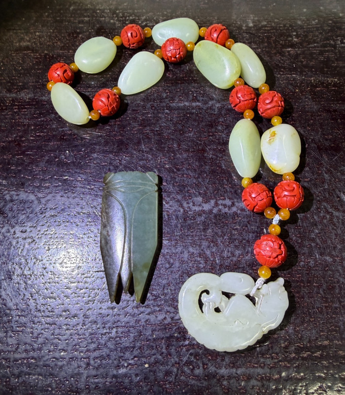 Wonderful Vtg. Chinese HK Export Jade, Cinnabar Necklace, Cicada Pendant