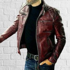 Giacca uomo vera pelle di agnello rosso moto biker zip