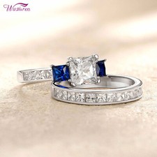 Wuziwen 3 Stone Lab-created Sapphire Wedding Rings for Women Sterling Silver CZ