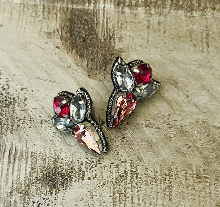 Suzanna Dai Anthropologie Crystal Cluster Stud Earrings Pink Gray Leather Back - Image 3 of 4