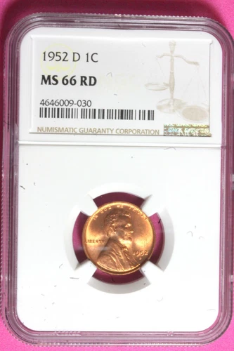 1952 D 1C MS 66 RD NGC LINCOLN WHEAT CENT #B33933