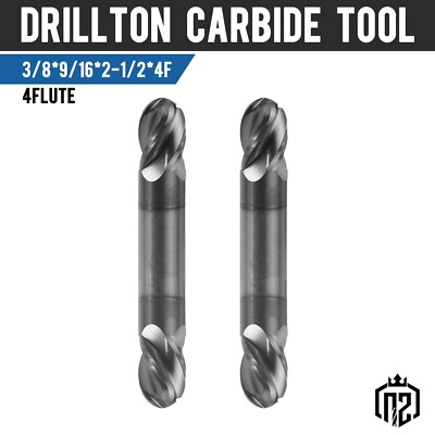 2PCS 4 Flute 3/8'' Solid Carbide Ball Nose End Mill - Double End - AlTiN Coated