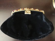 Vtg French Black Evening Handbag / Purse W/Faux Pearl Amethyst Glass Beads