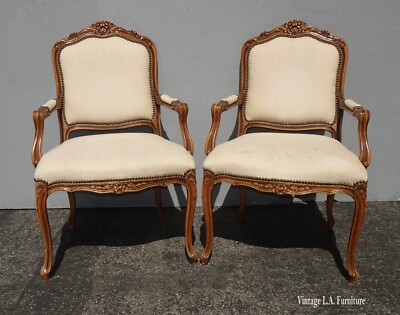 Pair French Bergere Carved Off White Chairs Louis XVI