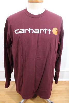 Carhartt L Maroon Red Logo Original Fit 100% Cotton Long Sleeve T