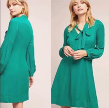 Moulinette Soeurs Anthropologie GINA Green Tie Neck Fit Flare Dress Size 0
