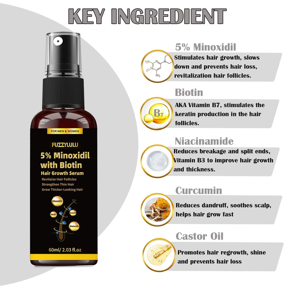 Suero para el crecimiento del cabello 120 ml 5% minoxidil biotina para cabello más sano y grueso Foto 2 de 4