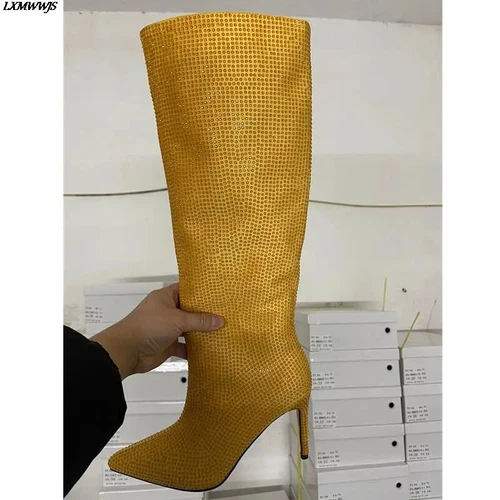 Women Sexy Shiny Rhinestone Knee High Boots Pointed Toe High Heels Stiletto Pump - Bild 6 von 36
