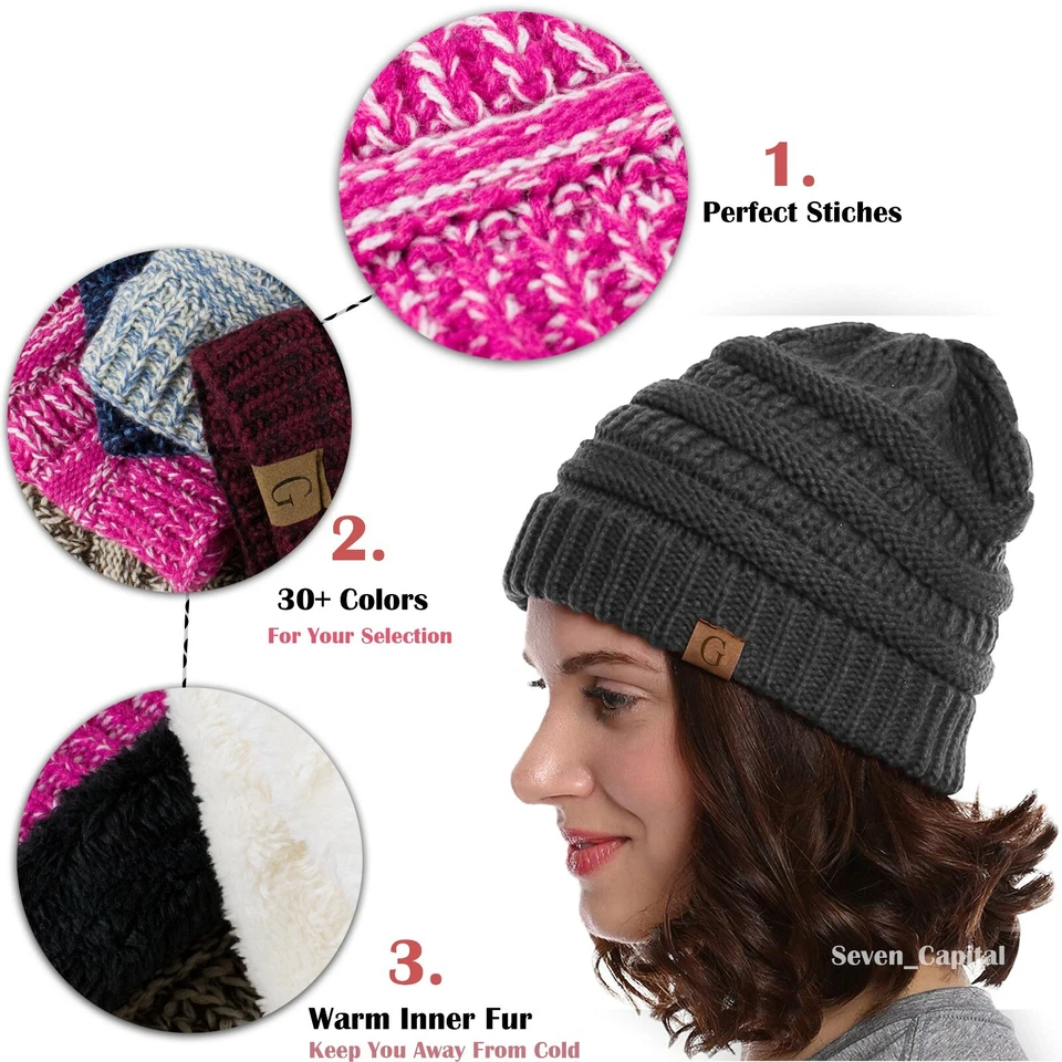 女士男式懒散针织冬季羊毛豆帽宽松滑雪毛皮温暖头骨帽 — 第 2/3 张图片