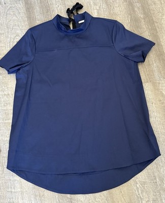 Halogen, Navy Blue Mock Neck Short Sleeve Tie Back Bow Blouse, Size S, NWT