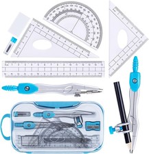 Math Geometry Kit Set 10 Pieces with Shatterproof Storage Box, Student Blue