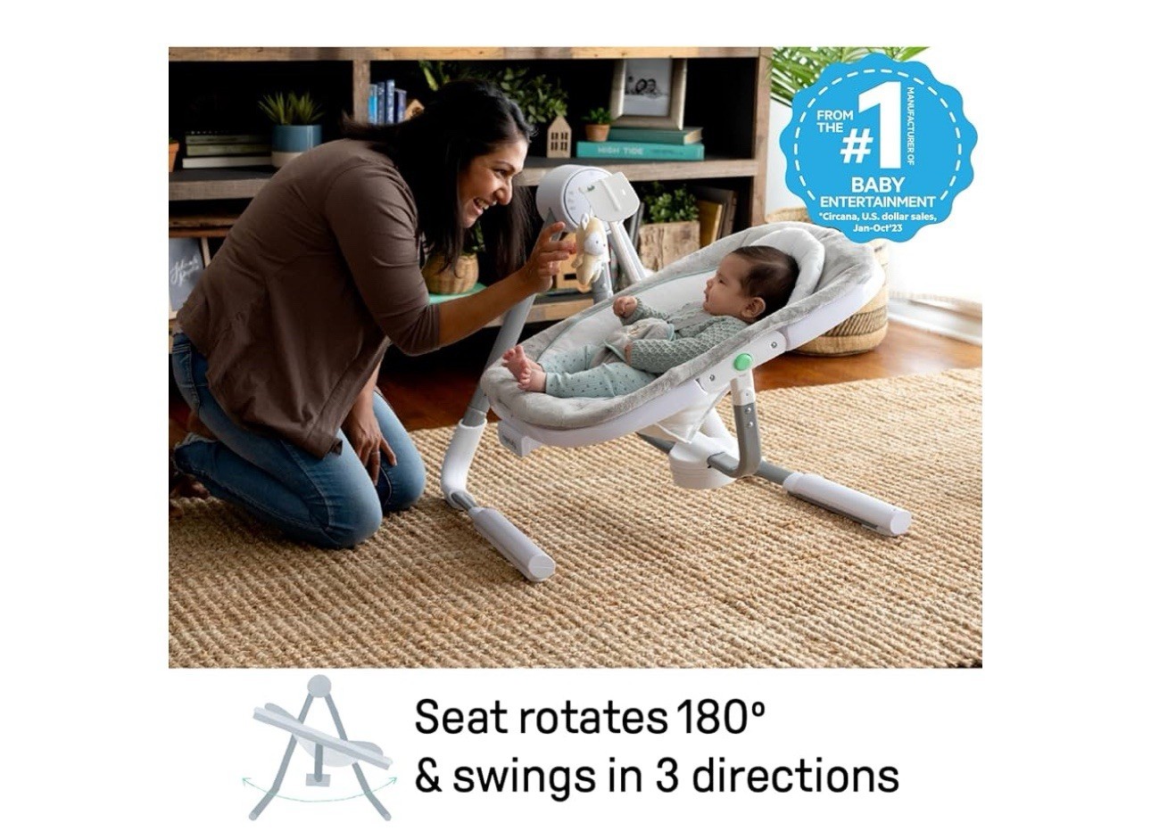 Ingenuity Any Way Sway Power Adapt Dual Direction Baby Swing Gray, 0M-9M