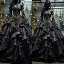 Luxury Black Wedding Dresses Long Sleeves Layered Ruffles Gothic Bridal Gowns