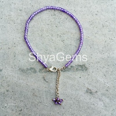 Handmade Purple Zircon Anklet, Faceted Gemstone Beaded Ankle Jewelry, Sterling