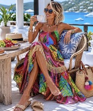 Farm Rio “Palila” Red Tropical Floral Fringe Midi Dress - XS 🌺