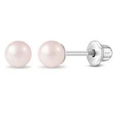 Pink Pearls 3-5mm Baby / Toddler / Kids Earrings Screw Back - Sterling Silver