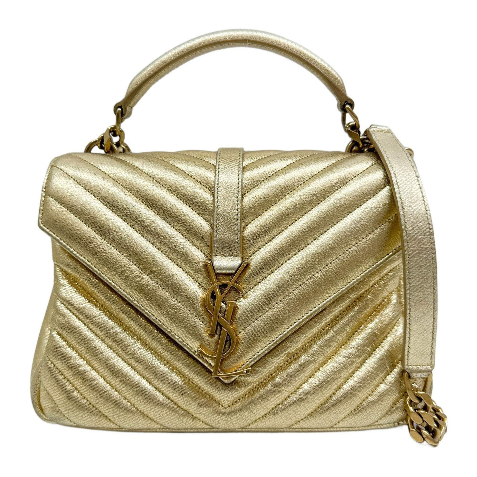 SAINT LAURENT College Matelasse Chevron Gold Leather Two Way Bag